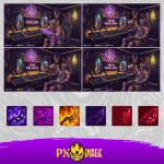 Knight Online Asas yayıncı paketi için hazırlanmış profesyonel Twitch ve Kick grafik tasarımı, mor ve alev efektli Karus Asas karakter illüstrasyonu