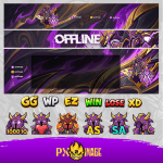 Knight Online Asas yayıncı paketi için hazırlanmış profesyonel Twitch ve Kick grafik tasarımı, mor ve alev efektli Karus Asas karakter illüstrasyonu