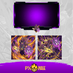 Knight Online Asas yayıncı paketi için hazırlanmış profesyonel Twitch ve Kick grafik tasarımı, mor ve alev efektli Karus Asas karakter illüstrasyonu