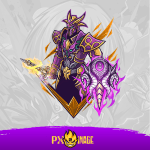 Knight Online Asas yayıncı paketi için hazırlanmış profesyonel Twitch ve Kick grafik tasarımı, mor ve alev efektli Karus Asas karakter illüstrasyonu